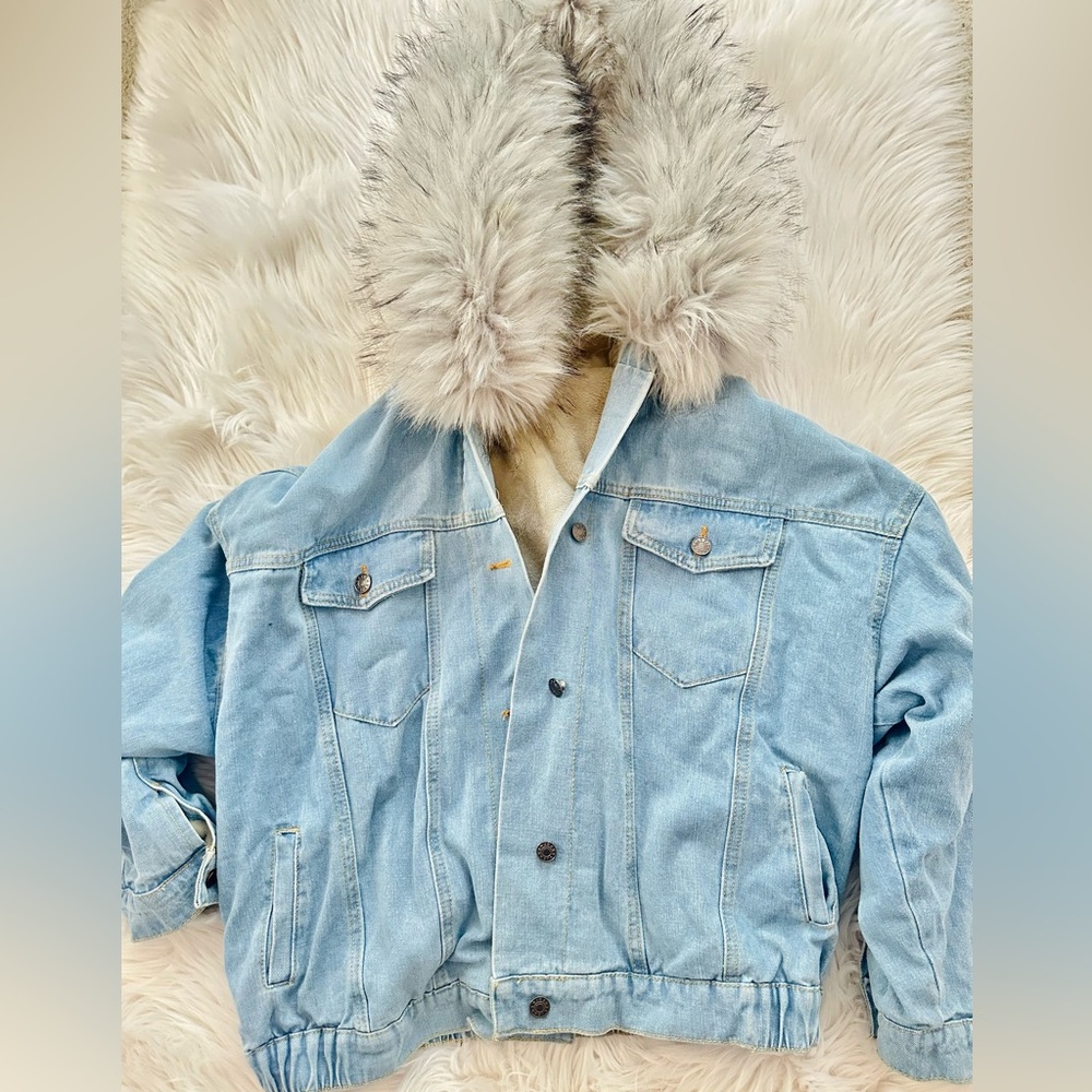 Light Blue Denim Jacket with Faux Fur Collar